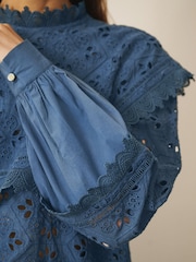 CERENE Emma Navy Cotton Long Sleeve Broderie Bib Blouse - Image 3 of 14