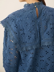 CERENE Emma Navy Cotton Long Sleeve Broderie Bib Blouse - Image 4 of 14