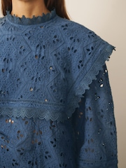 CERENE Emma Navy Cotton Long Sleeve Broderie Bib Blouse - Image 5 of 14