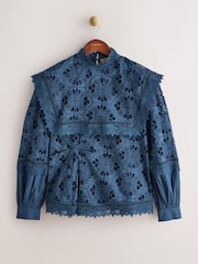 CERENE Emma Navy Cotton Long Sleeve Broderie Bib Blouse - Image 6 of 14