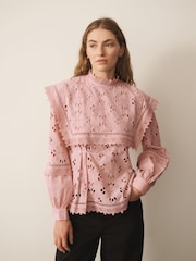 Roz - CERENE Cotton Long Sleeve Broderie Bib Blouse - Imaginea 1 din 14