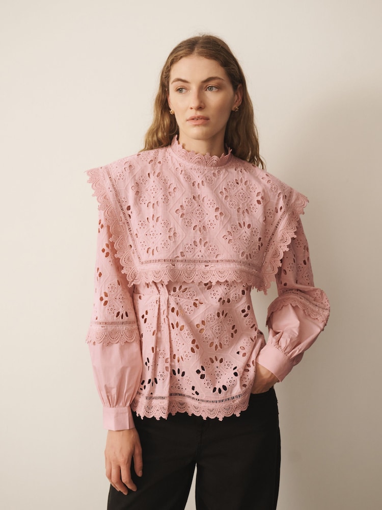 Roz - CERENE Cotton Long Sleeve Broderie Bib Blouse - Imaginea 1 din 14