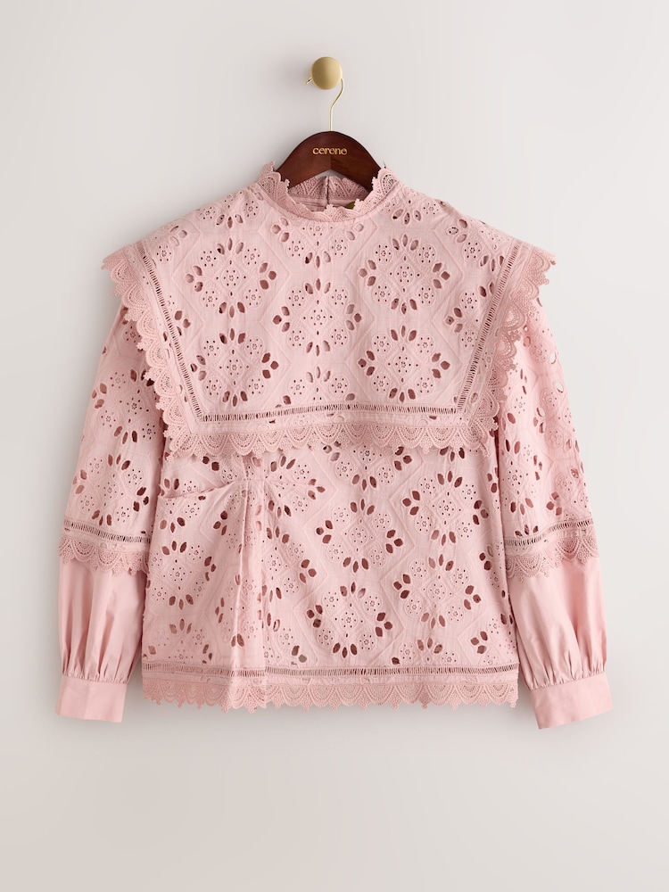 Roz - CERENE Cotton Long Sleeve Broderie Bib Blouse - Imaginea 2 din 14