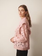 Roz - CERENE Cotton Long Sleeve Broderie Bib Blouse - Imaginea 3 din 14