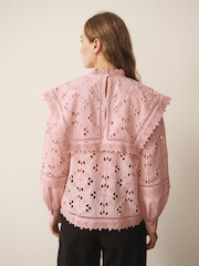Roz - CERENE Cotton Long Sleeve Broderie Bib Blouse - Imaginea 4 din 14