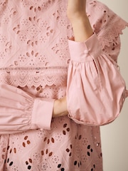 Roz - CERENE Cotton Long Sleeve Broderie Bib Blouse - Imaginea 5 din 14