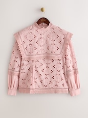 Roz - CERENE Cotton Long Sleeve Broderie Bib Blouse - Imaginea 6 din 14