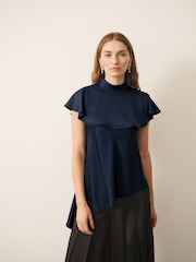 CERENE Iris Navy Satin Asymmetric Short Sleeve Cape Top - Image 1 of 9