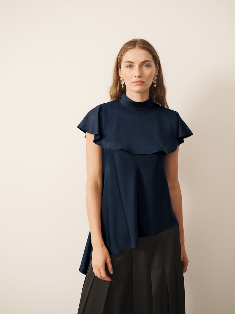 CERENE Iris Navy Satin Asymmetric Short Sleeve Cape Top - Image 1 of 9