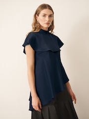 CERENE Iris Navy Satin Asymmetric Short Sleeve Cape Top - Image 2 of 9