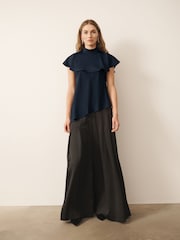 CERENE Iris Navy Satin Asymmetric Short Sleeve Cape Top - Image 3 of 9