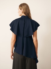 CERENE Iris Navy Satin Asymmetric Short Sleeve Cape Top - Image 4 of 9
