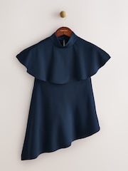 CERENE Iris Navy Satin Asymmetric Short Sleeve Cape Top - Image 5 of 9