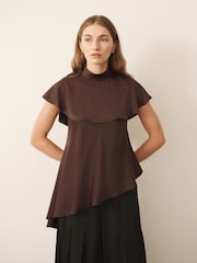 CERENE Iris Chocolate Brown Satin Asymmetric Short Sleeve Cape Top - Image 1 of 11