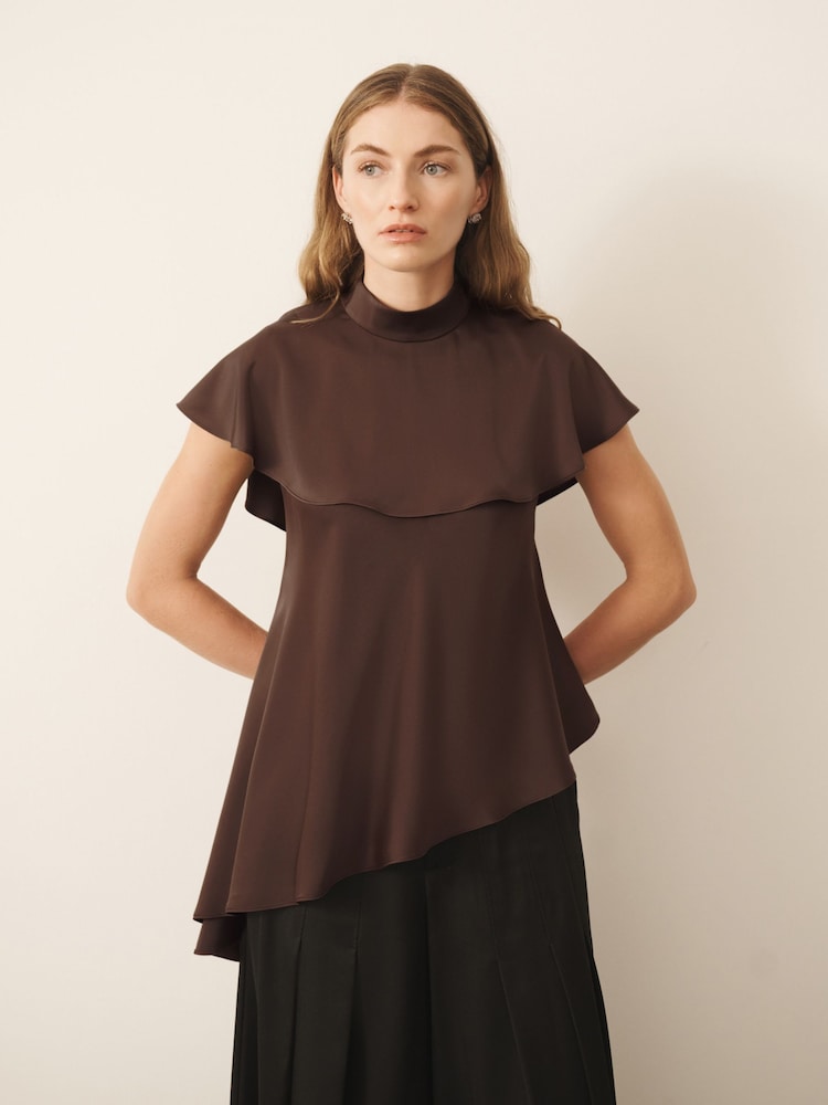 CERENE Iris Chocolate Brown Satin Asymmetric Short Sleeve Cape Top - Image 1 of 11
