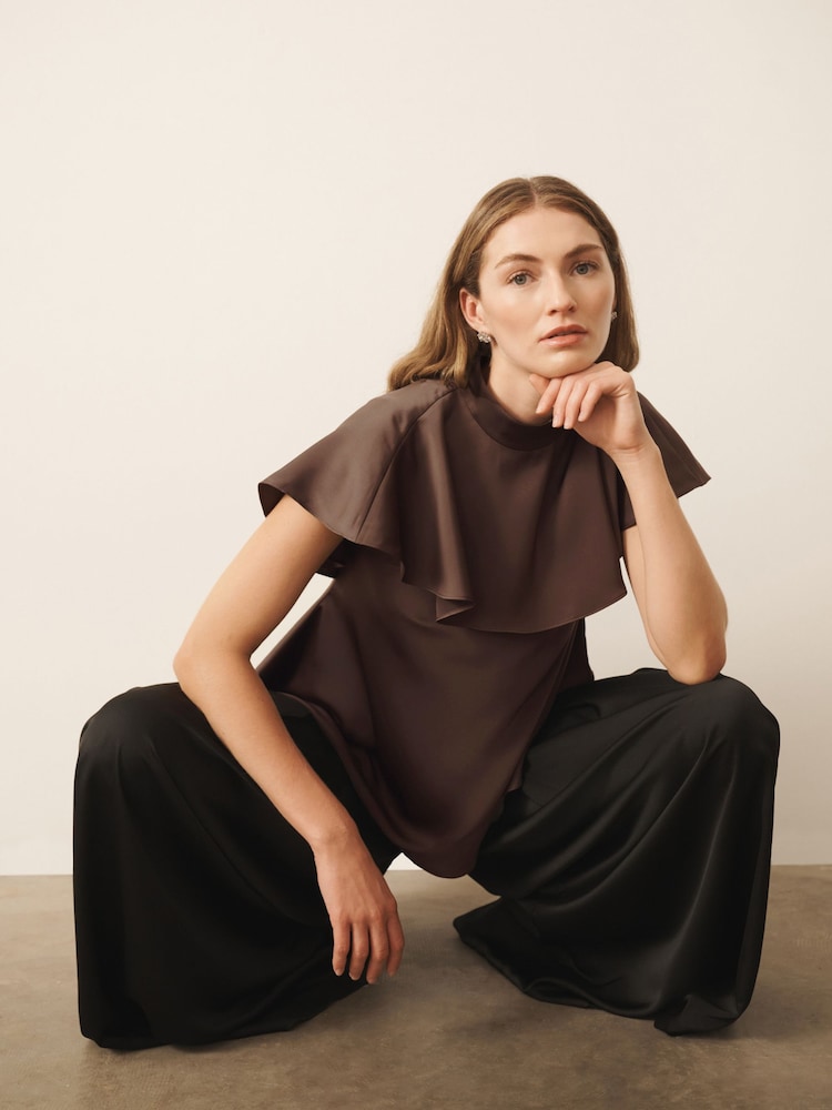CERENE Iris Chocolate Brown Satin Asymmetric Short Sleeve Cape Top - Image 2 of 11