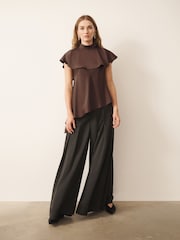 CERENE Iris Chocolate Brown Satin Asymmetric Short Sleeve Cape Top - Image 3 of 11