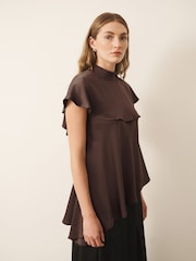 CERENE Iris Chocolate Brown Satin Asymmetric Short Sleeve Cape Top - Image 4 of 11