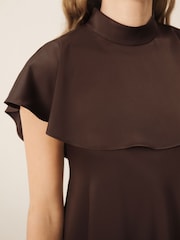 CERENE Iris Chocolate Brown Satin Asymmetric Short Sleeve Cape Top - Image 5 of 11