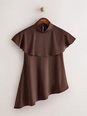 CERENE Iris Chocolate Brown Satin Asymmetric Short Sleeve Cape Top - Image 6 of 11