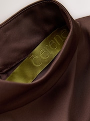 CERENE Iris Chocolate Brown Satin Asymmetric Short Sleeve Cape Top - Image 7 of 11