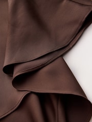 CERENE Iris Chocolate Brown Satin Asymmetric Short Sleeve Cape Top - Image 8 of 11