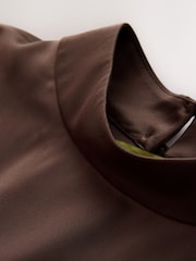 CERENE Iris Chocolate Brown Satin Asymmetric Short Sleeve Cape Top - Image 9 of 11