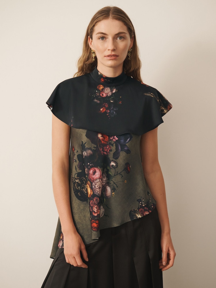 CERENE Iris Green Majestic Floral Print Satin Asymmetric Short Sleeve Cape Top - Image 1 of 9