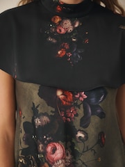 CERENE Iris Green Majestic Floral Print Satin Asymmetric Short Sleeve Cape Top - Image 4 of 9