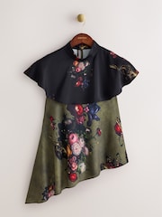 CERENE Iris Green Majestic Floral Print Satin Asymmetric Short Sleeve Cape Top - Image 5 of 9