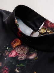 CERENE Iris Green Majestic Floral Print Satin Asymmetric Short Sleeve Cape Top - Image 6 of 9