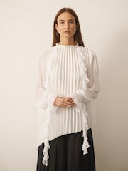 CERENE Cream Long Sleeve Pleat and Ruffle Satin Blouse - Image 1 of 12