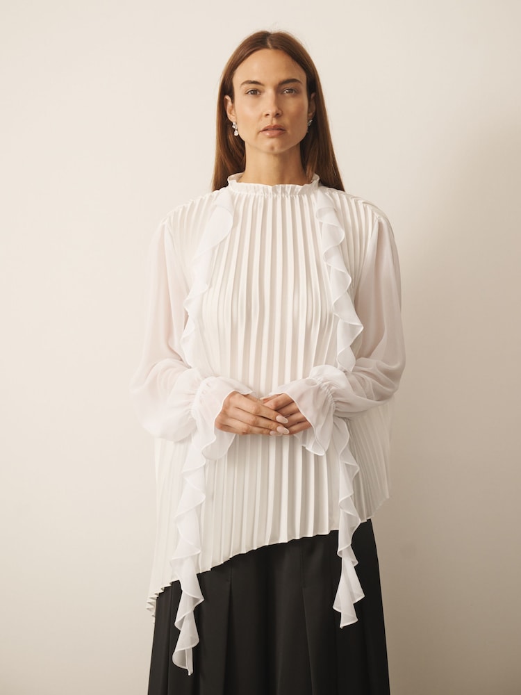 CERENE Cream Long Sleeve Pleat and Ruffle Satin Blouse - Image 1 of 12