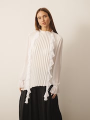 CERENE Cream Long Sleeve Pleat and Ruffle Satin Blouse - Image 2 of 12