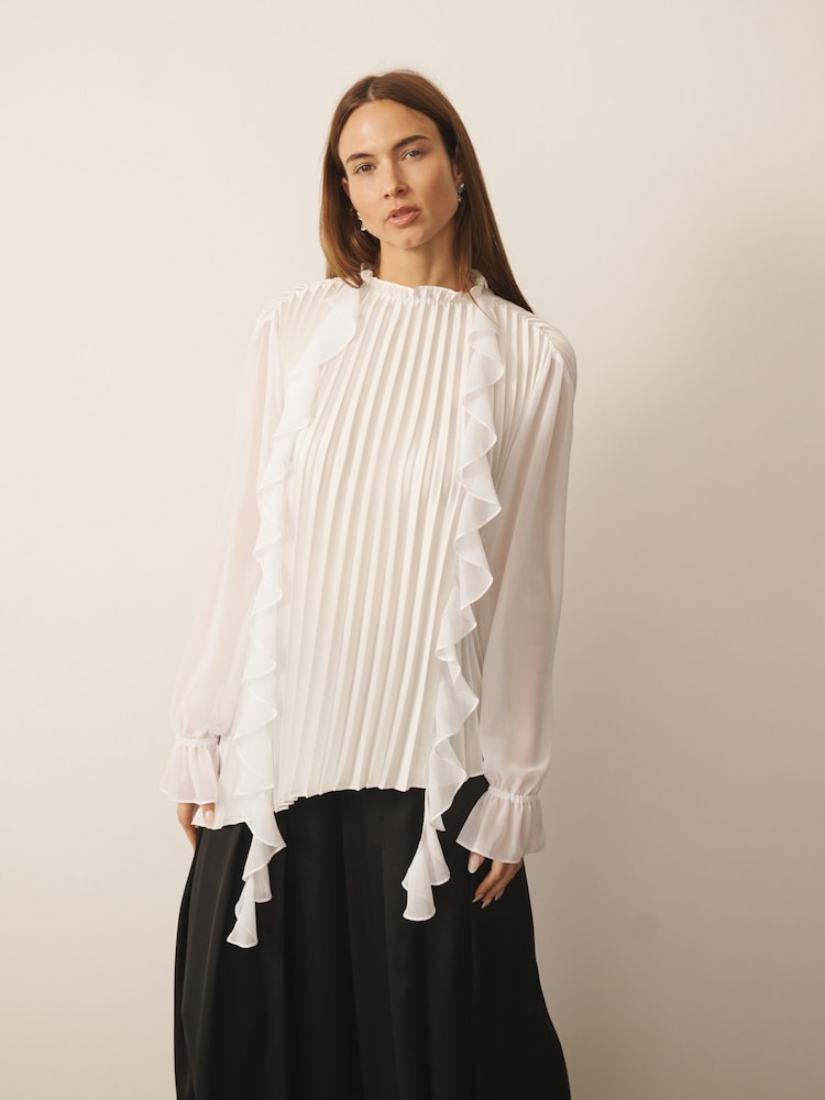 CERENE Cream Long Sleeve Pleat and Ruffle Satin Blouse - Image 2 of 12