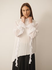 CERENE Cream Long Sleeve Pleat and Ruffle Satin Blouse - Image 3 of 12