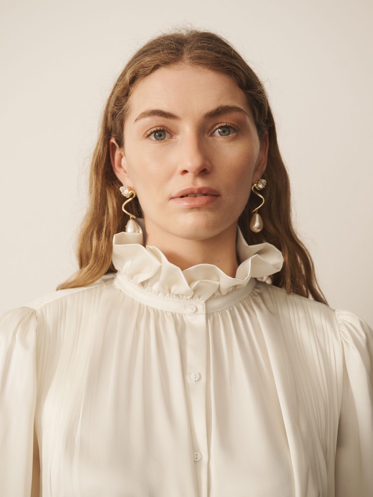 Cream - CERENE Long Sleeve High Neck Satin Blouse - Imaginea 1 din 11