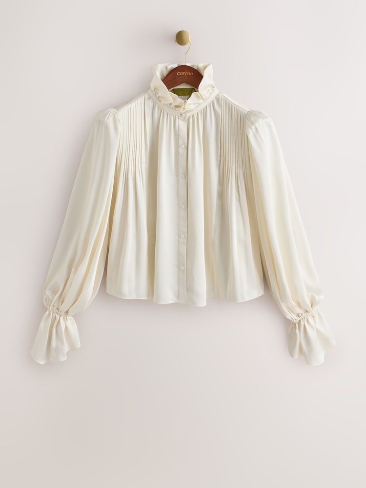 Cream - CERENE Long Sleeve High Neck Satin Blouse - Imaginea 2 din 11