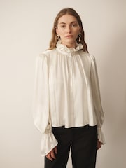 Cream - CERENE Long Sleeve High Neck Satin Blouse - Imaginea 3 din 11