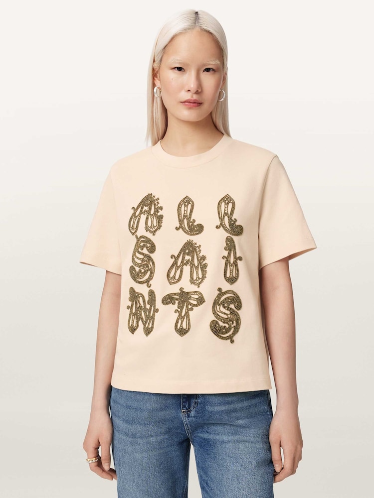 AllSaints Cream Ella Embroidered Lisa Tee - Image 1 of 7 AllSaints Cream Ella Embroidered Lisa Tee - Image 1 of 7