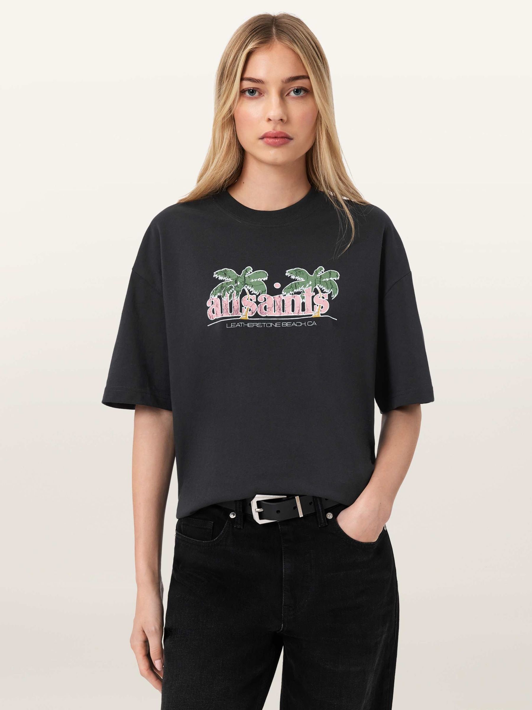 Buy AllSaints Black Troppo Etta Cotton Palm Tree Print Cotton T