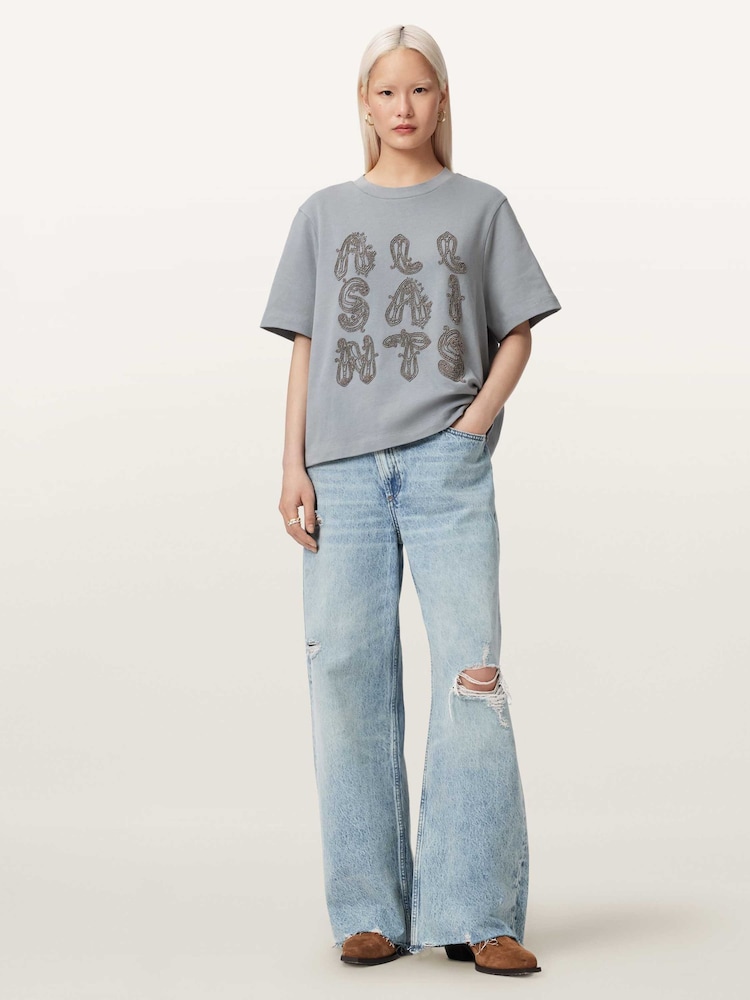 AllSaints Blue Ella Embroidered Lisa T-Shirt - Image 2 of 7 AllSaints Blue Ella Embroidered Lisa T-Shirt - Image 2 of 7