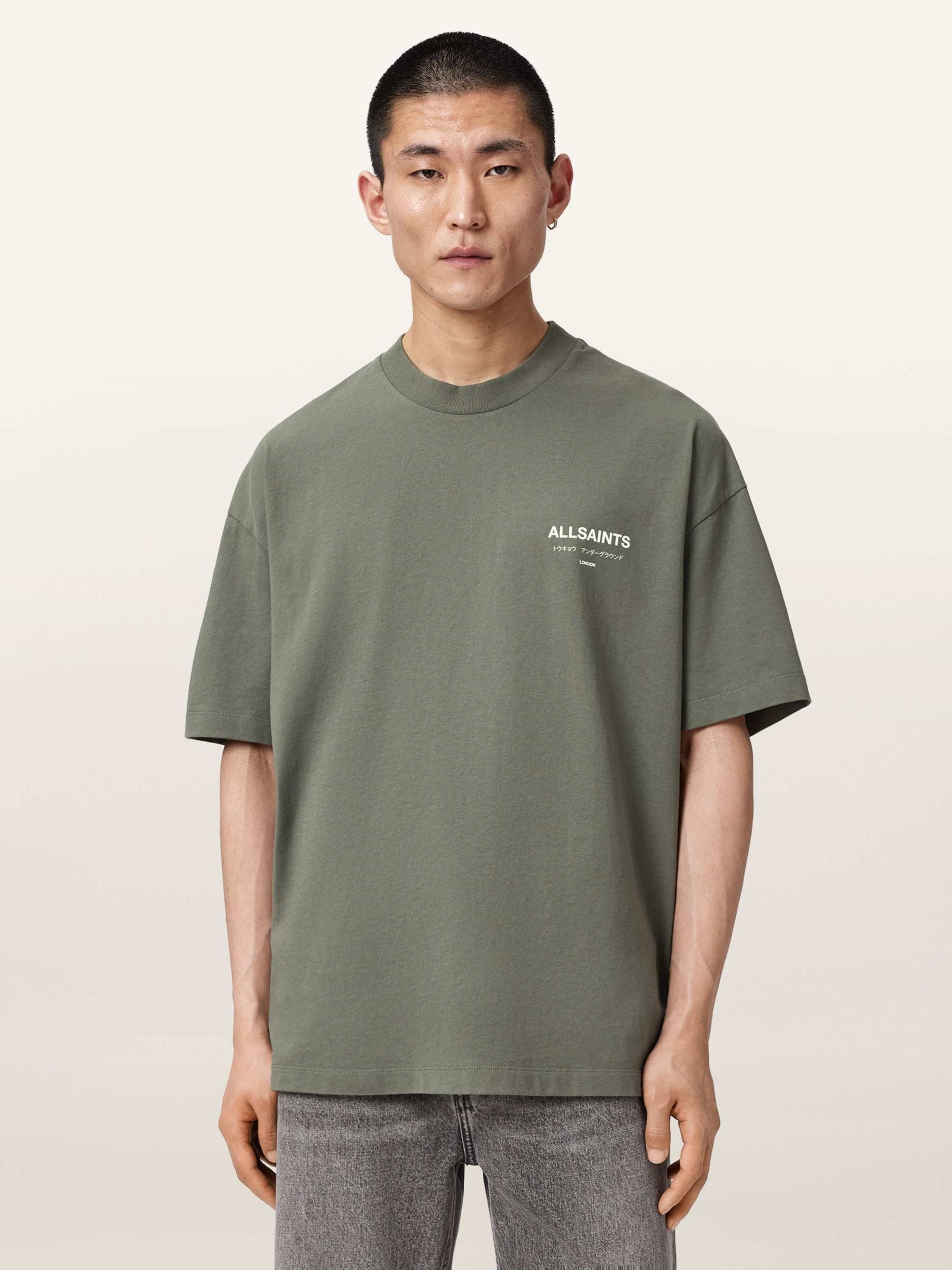 Buy AllSaints Olive Green Underground Oversized Cotton Crew Neck T