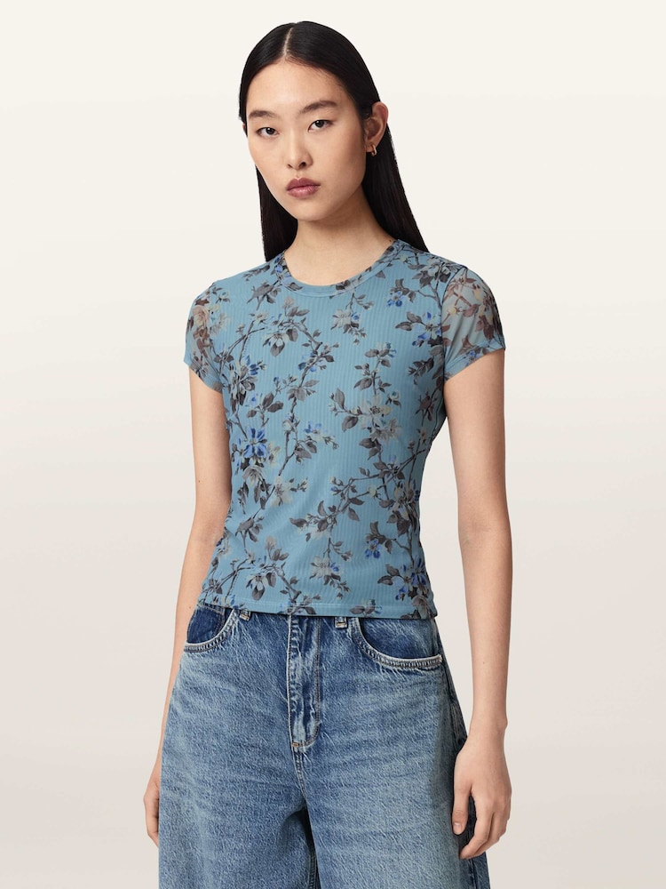 AllSaints Blue Ellie Mesh T-Shirt - Image 1 of 7