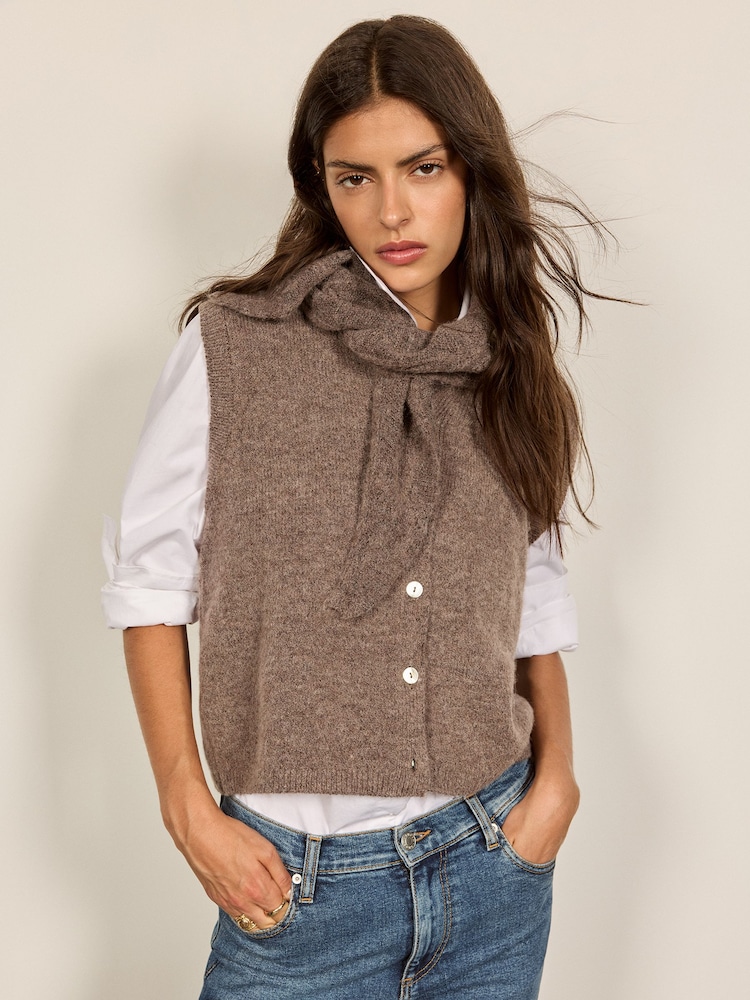 BHOEM Taupe Brown Removable Scarf Buttoned Knit Vest - Image 1 of 5