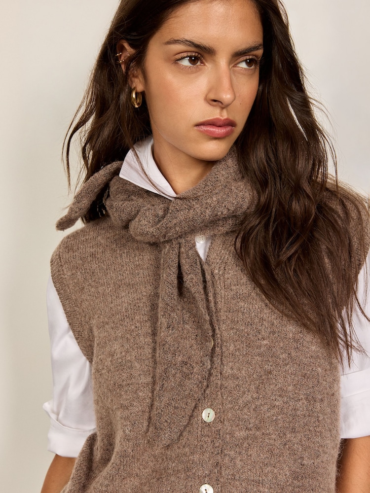 BHOEM Taupe Brown Removable Scarf Buttoned Knit Vest - Image 2 of 5