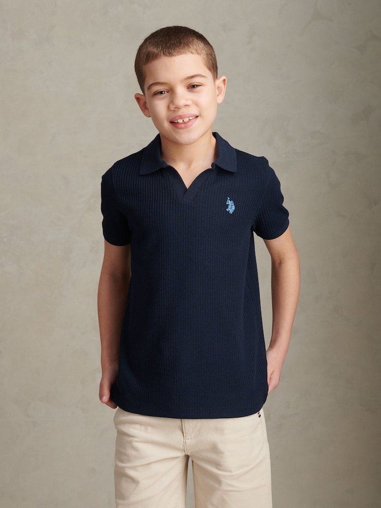U.S. Polo Assn Blue Mini Vertical Texture Jersey Knit Open Collar Polo Shirt - Image 1 of 8