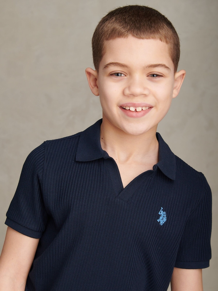 U.S. Polo Assn Blue Mini Vertical Texture Jersey Knit Open Collar Polo Shirt - Image 2 of 8