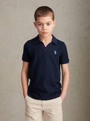 U.S. Polo Assn Blue Mini Vertical Texture Jersey Knit Open Collar Polo Shirt - Image 5 of 8
