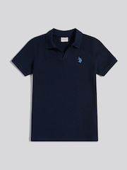 U.S. Polo Assn Blue Mini Vertical Texture Jersey Knit Open Collar Polo Shirt - Image 6 of 8